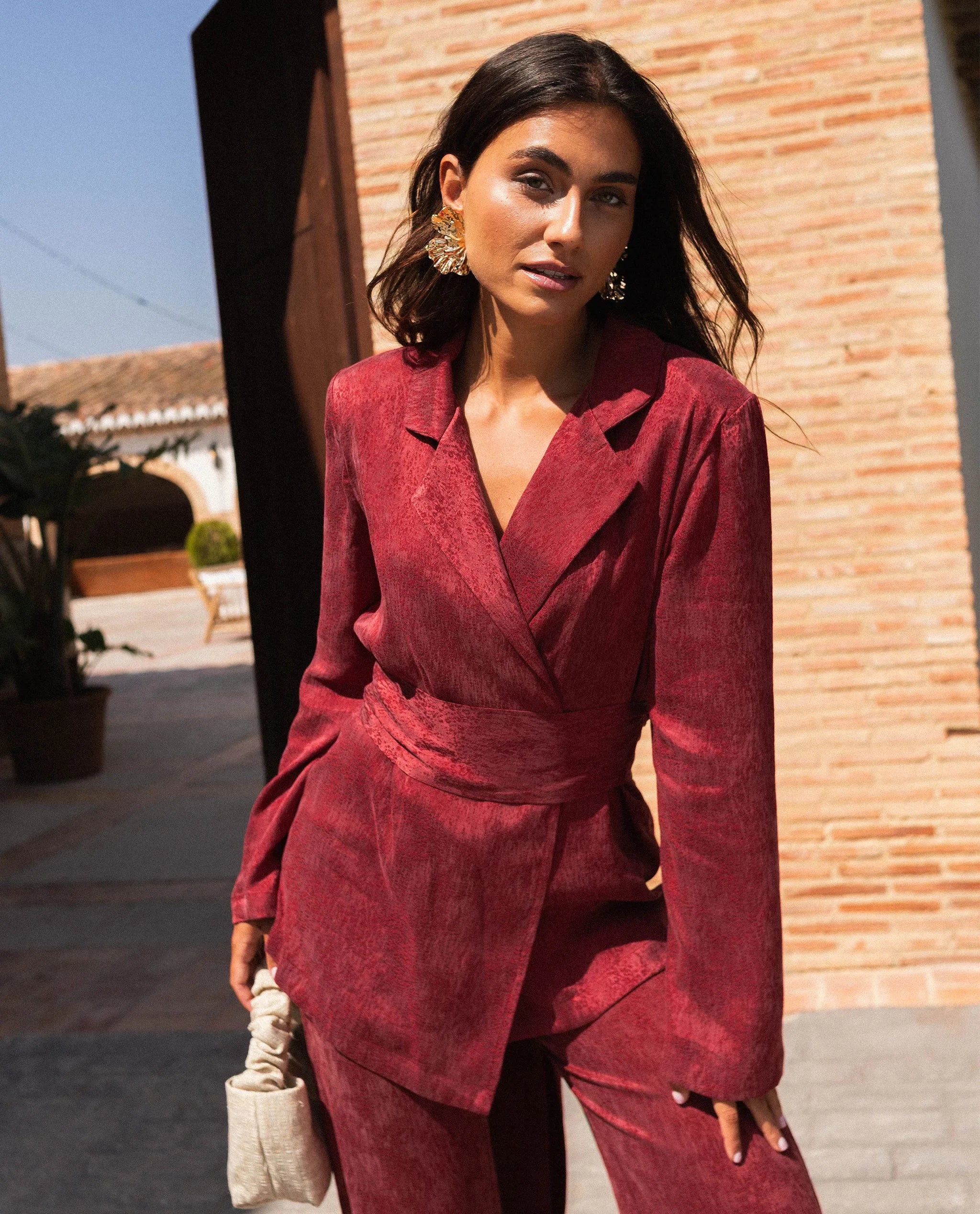 Burgundy Blazer Suit for Women with Sash