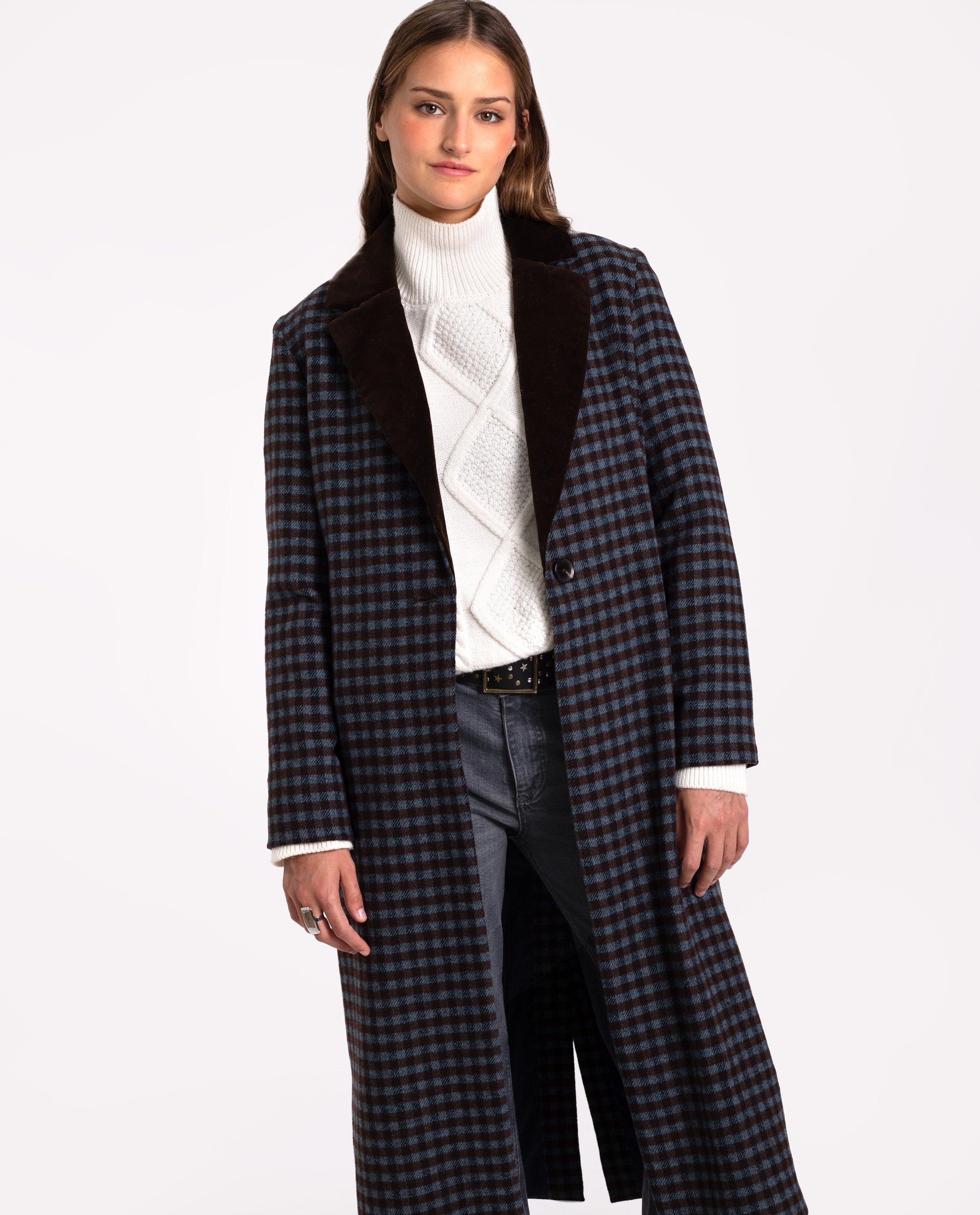 Women's Long Plaid Coat Velvet Lapel THE-ARE