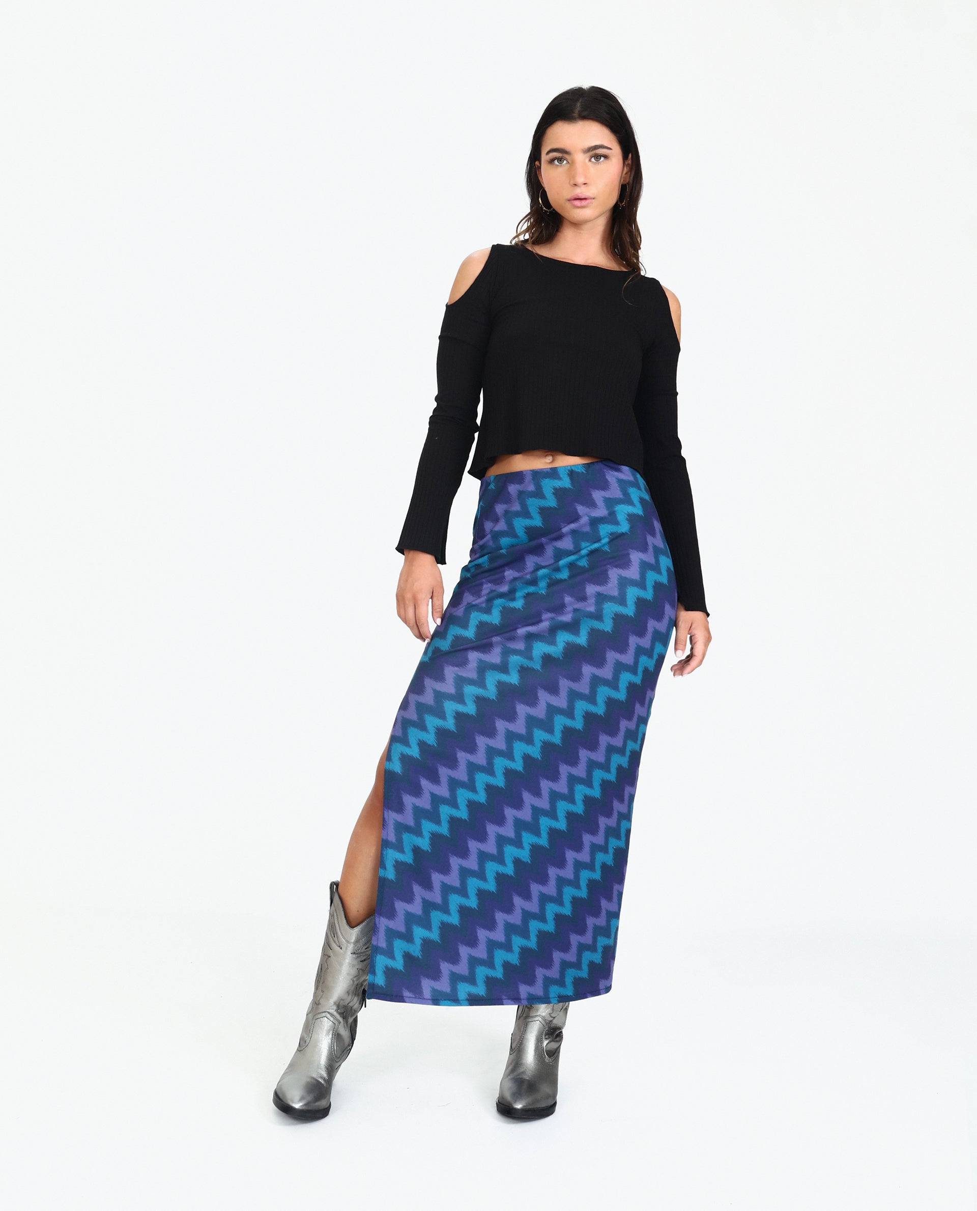 Falda Larga Azul de Punto con Estampado Colección Otoño THE-ARE