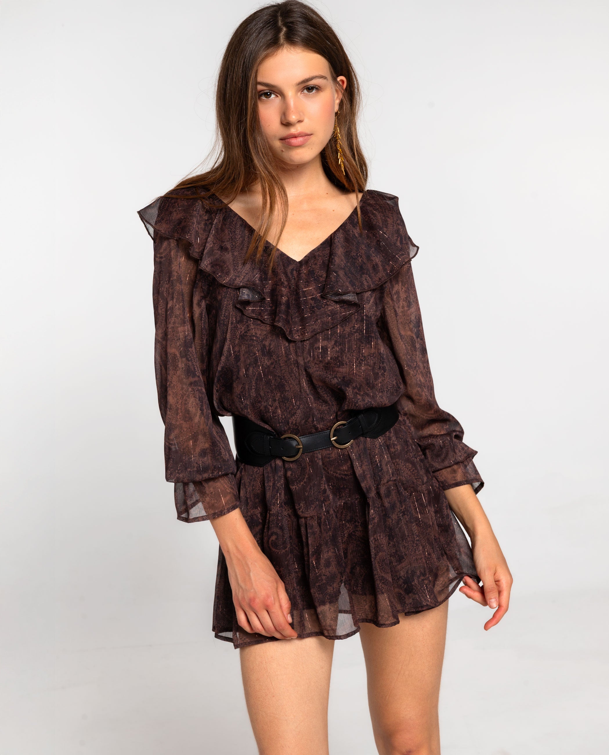 Vestido corto de gasa estampada marrón con volantes Casual THE-ARE