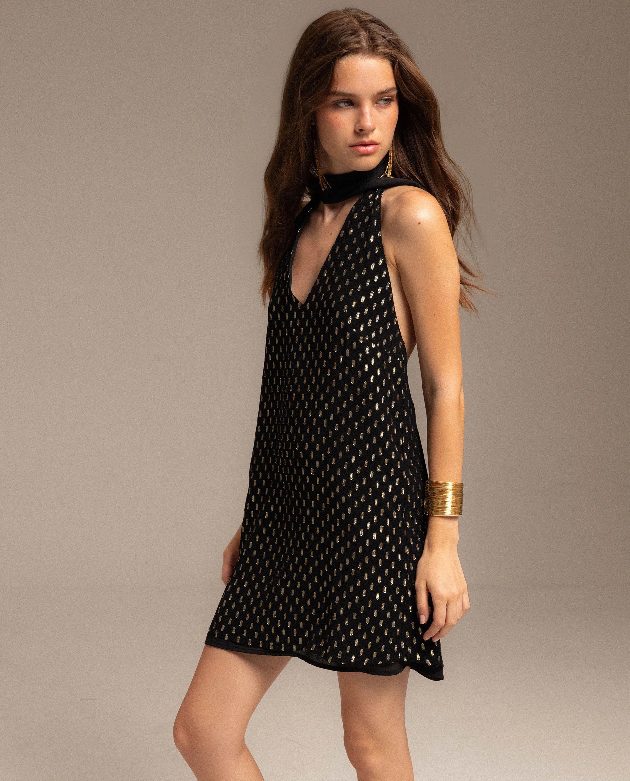 Black Dress with Gold Details and Neck Tie | THE-ARE Black Dress with Gold Details and Neck Tie | THE-ARE