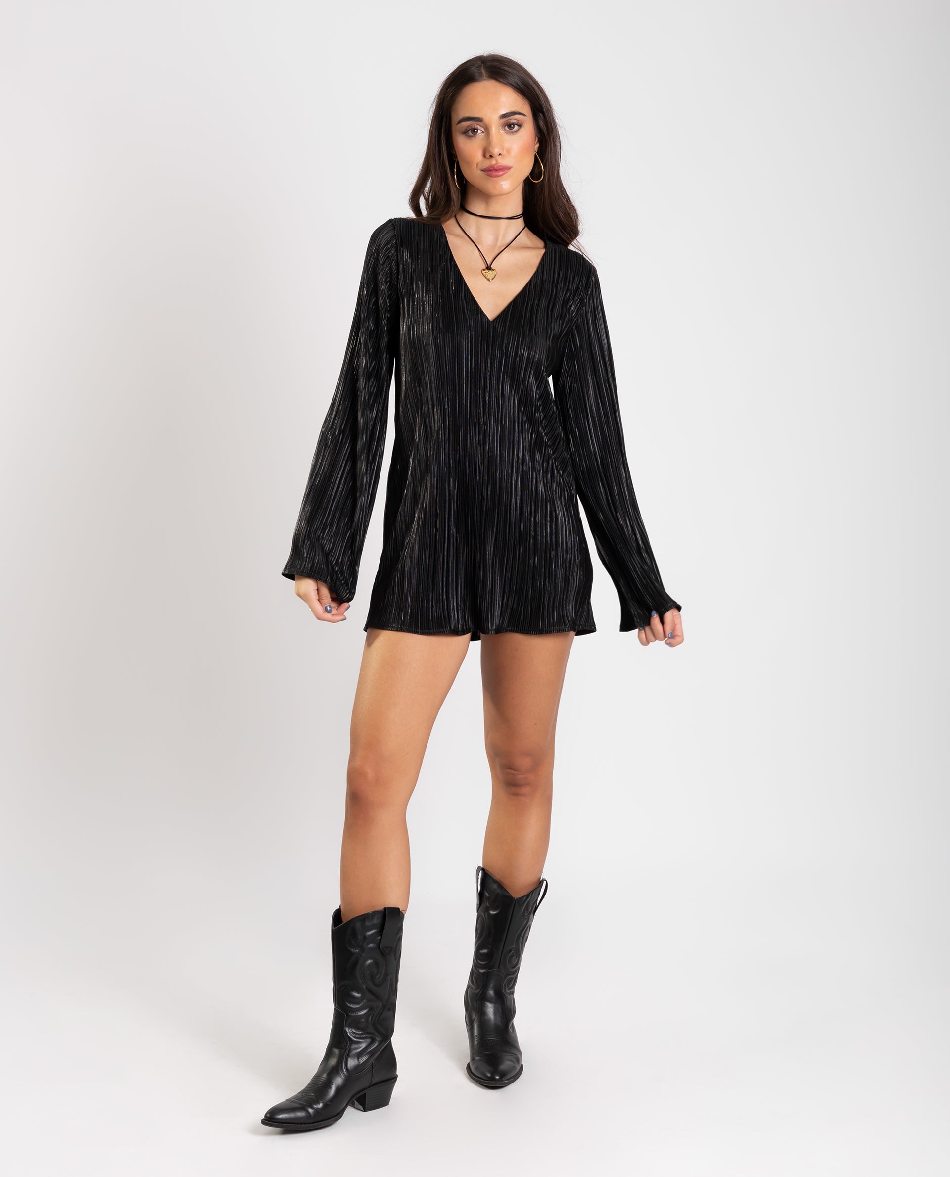 Vestido Corto Plisado Negro Brillo Manga Larga Fiesta Mujer THE-ARE