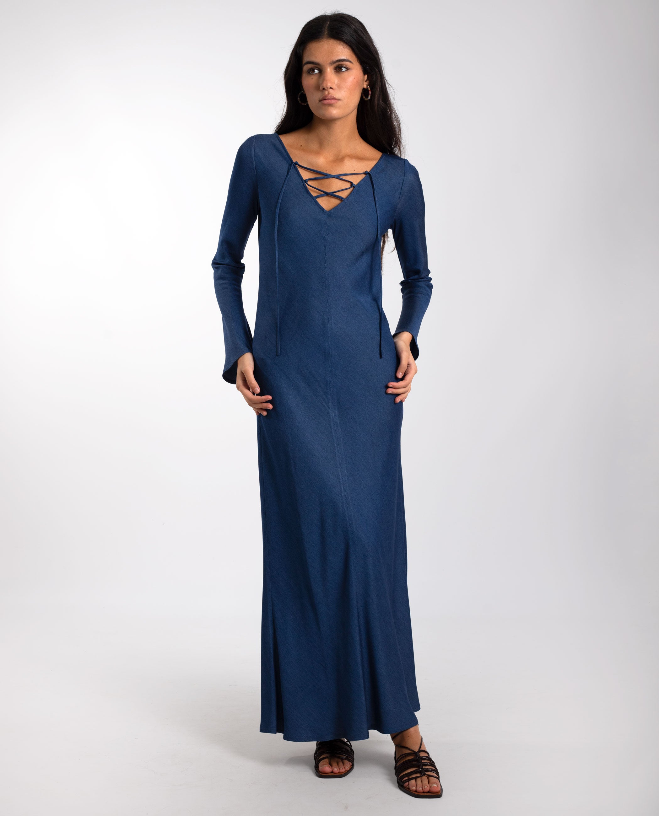 Midi Dress with Long Sleeves and V-Neck