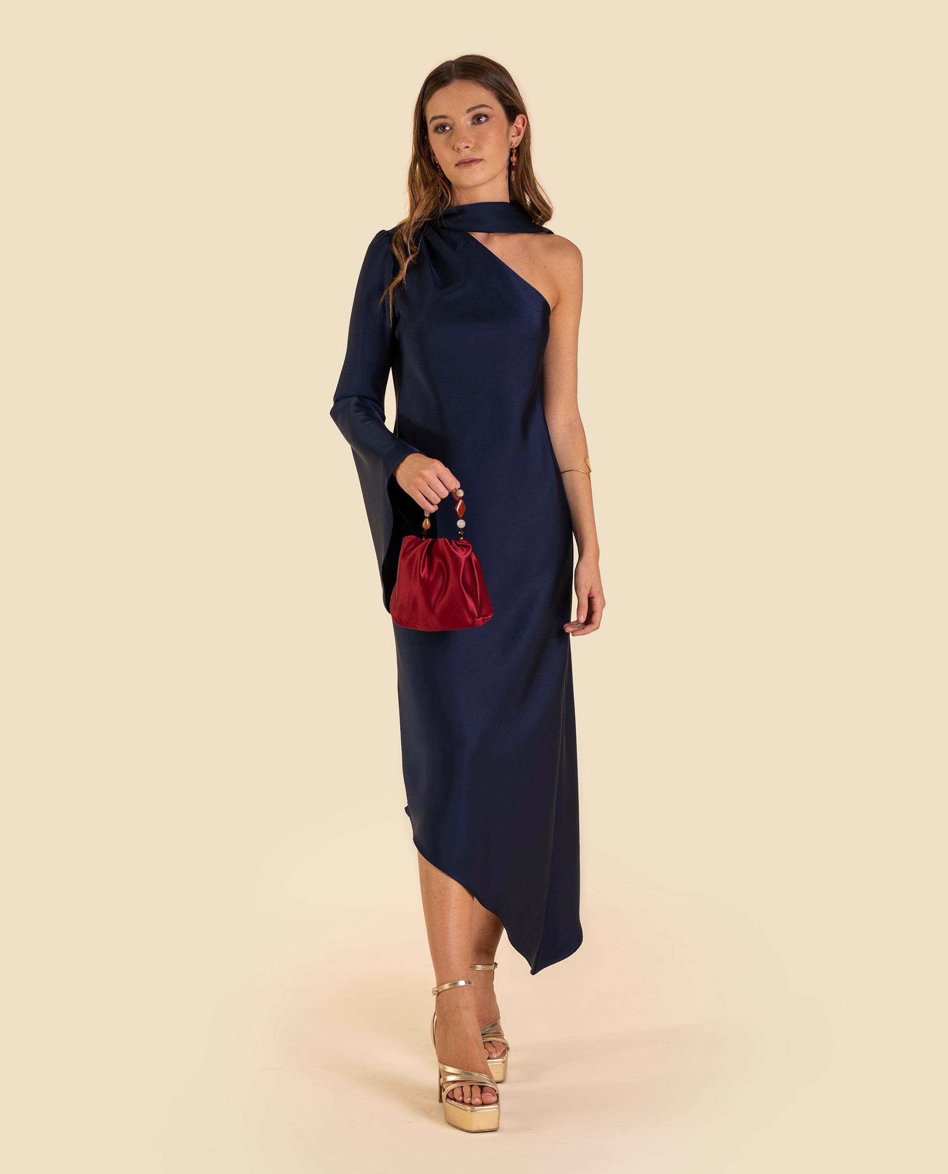 Vestido Midi Azul Asimétrico con Lazada al Cuello Invitadas THE-ARE