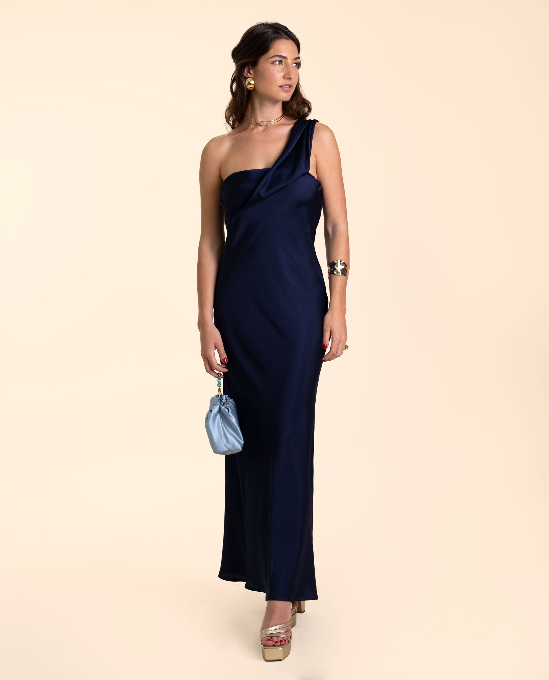 Vestido Midi Azul Marino Satinado Asimétrico | Invitadas THE-ARE