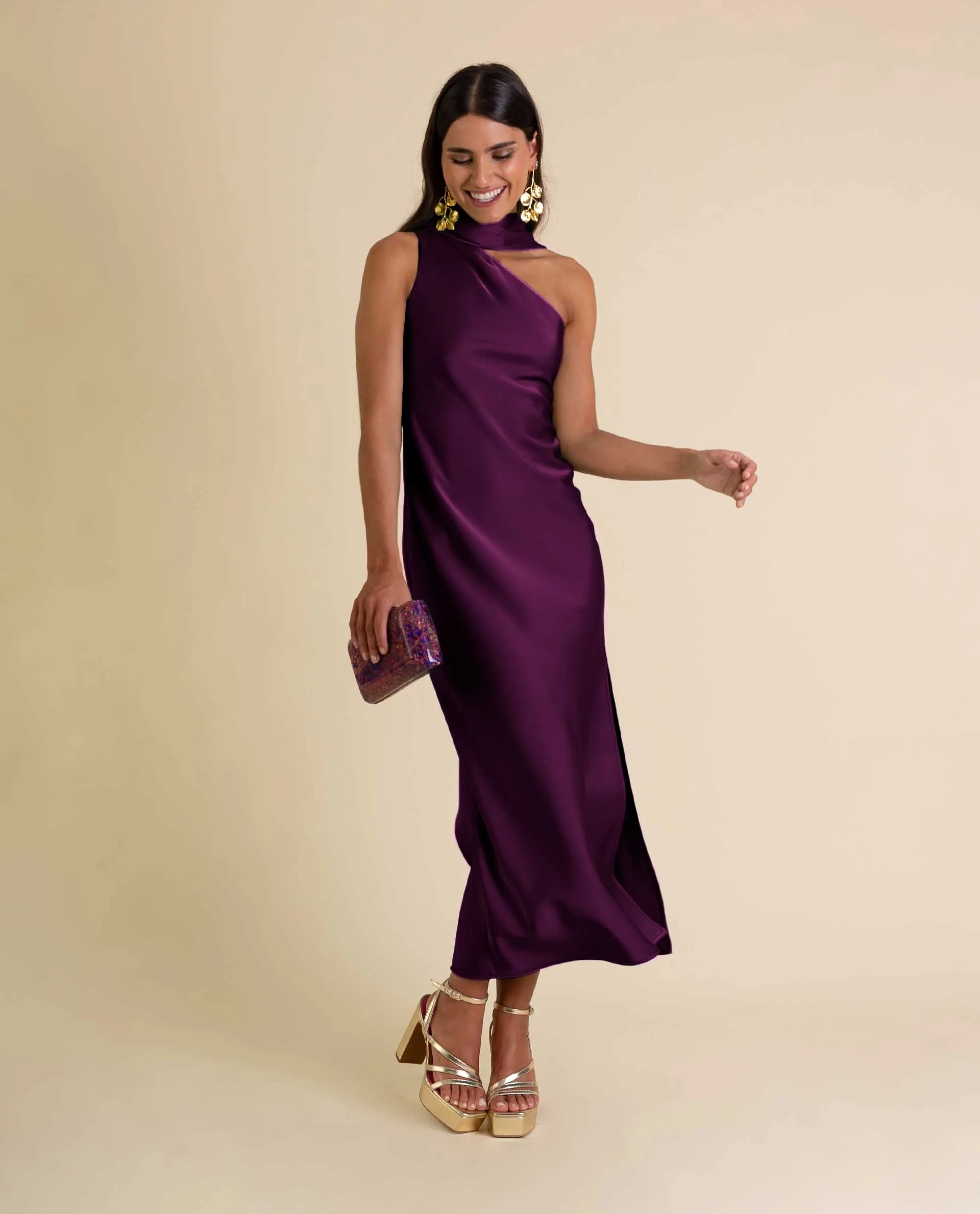 Asymmetrical Plum Midi Dress with Neck Tie | THE-ARE Guests Asymmetrical Plum Midi Dress with Neck Tie | THE-ARE Guests