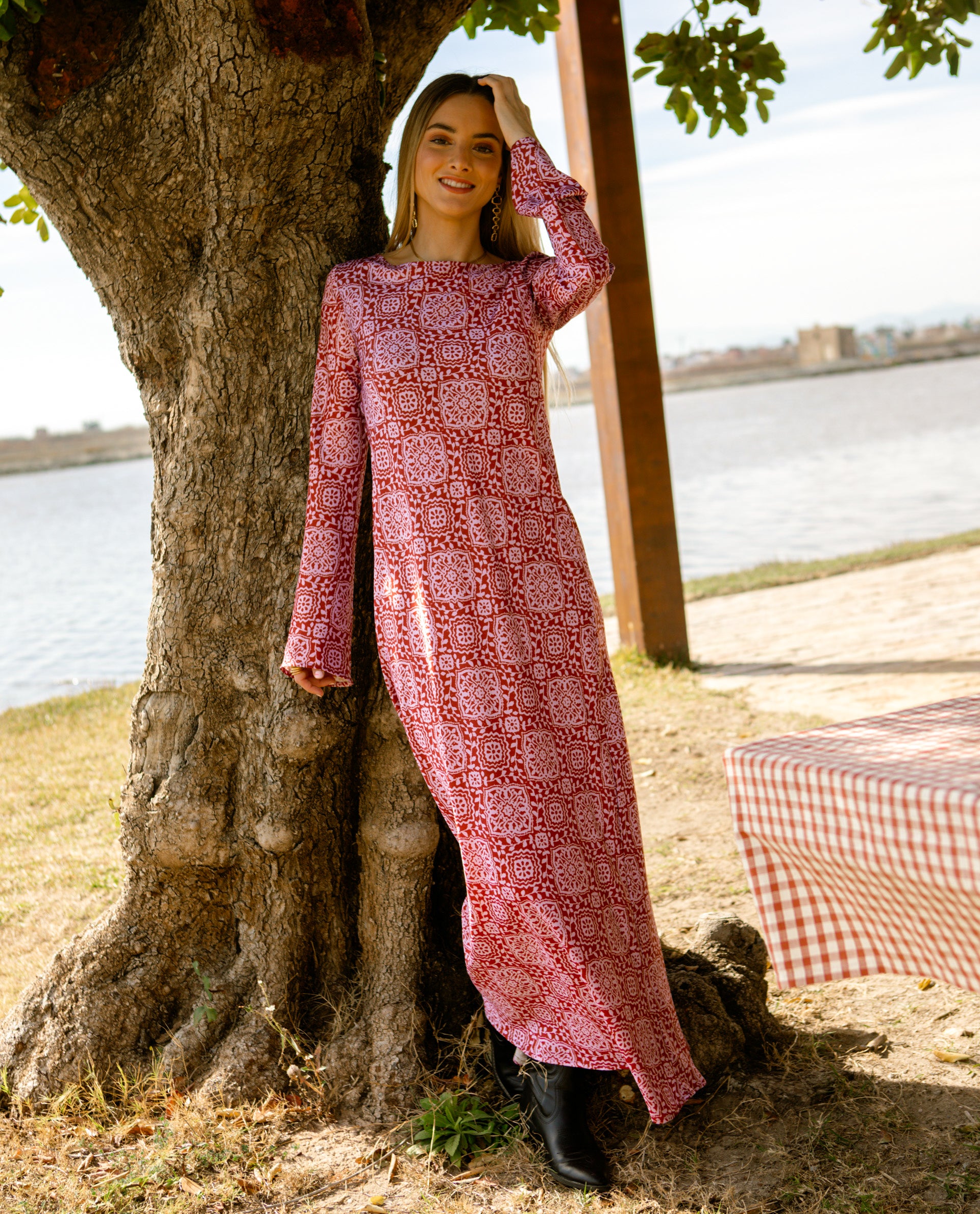 Lilac Printed Midi Dress with Sleeves