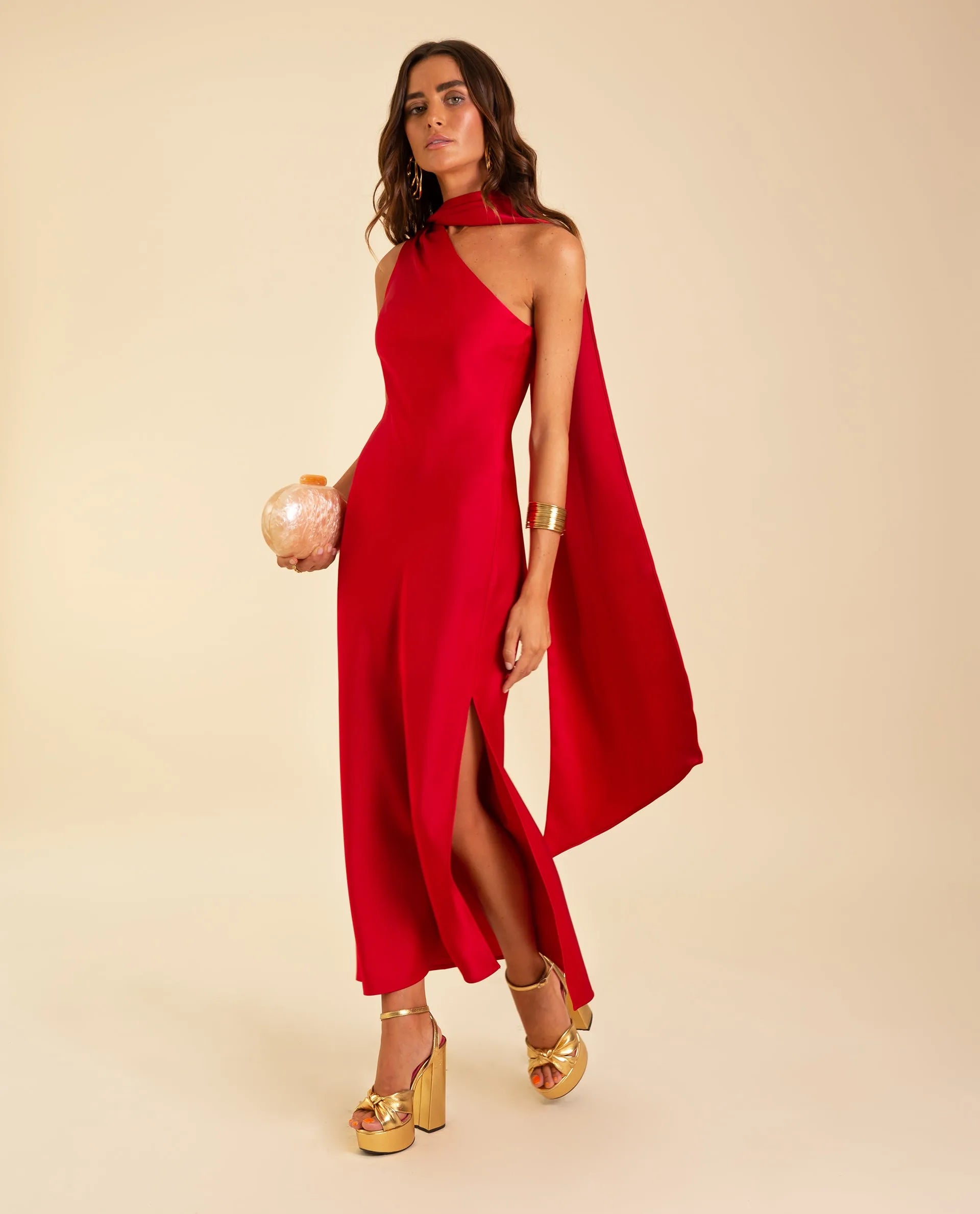 Asymmetrical Red Midi Dress with Neck Tie | THE-ARE Guests Asymmetrical Red Midi Dress with Neck Tie | THE-ARE Guests