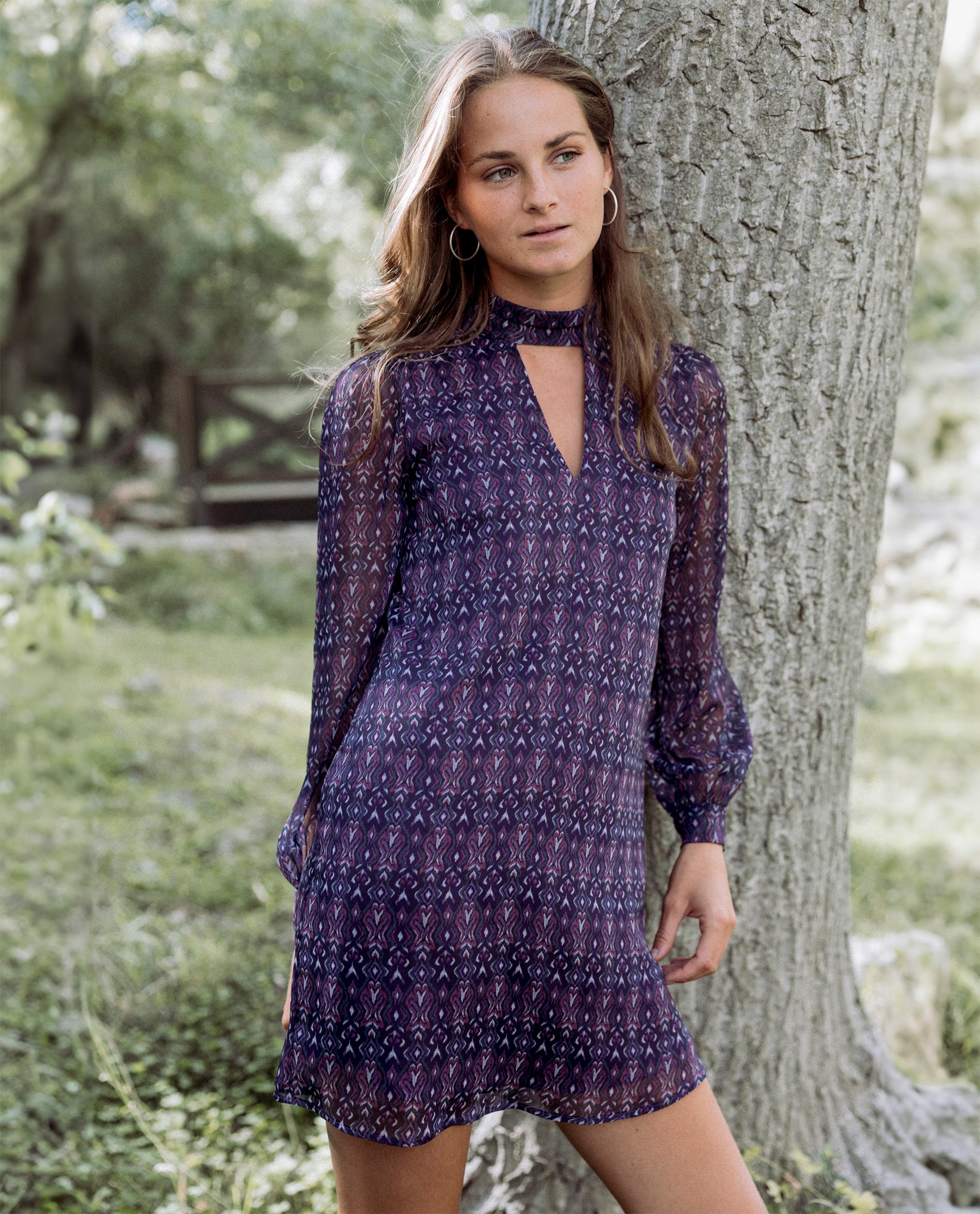 Purple Printed Short Dress with High Neck