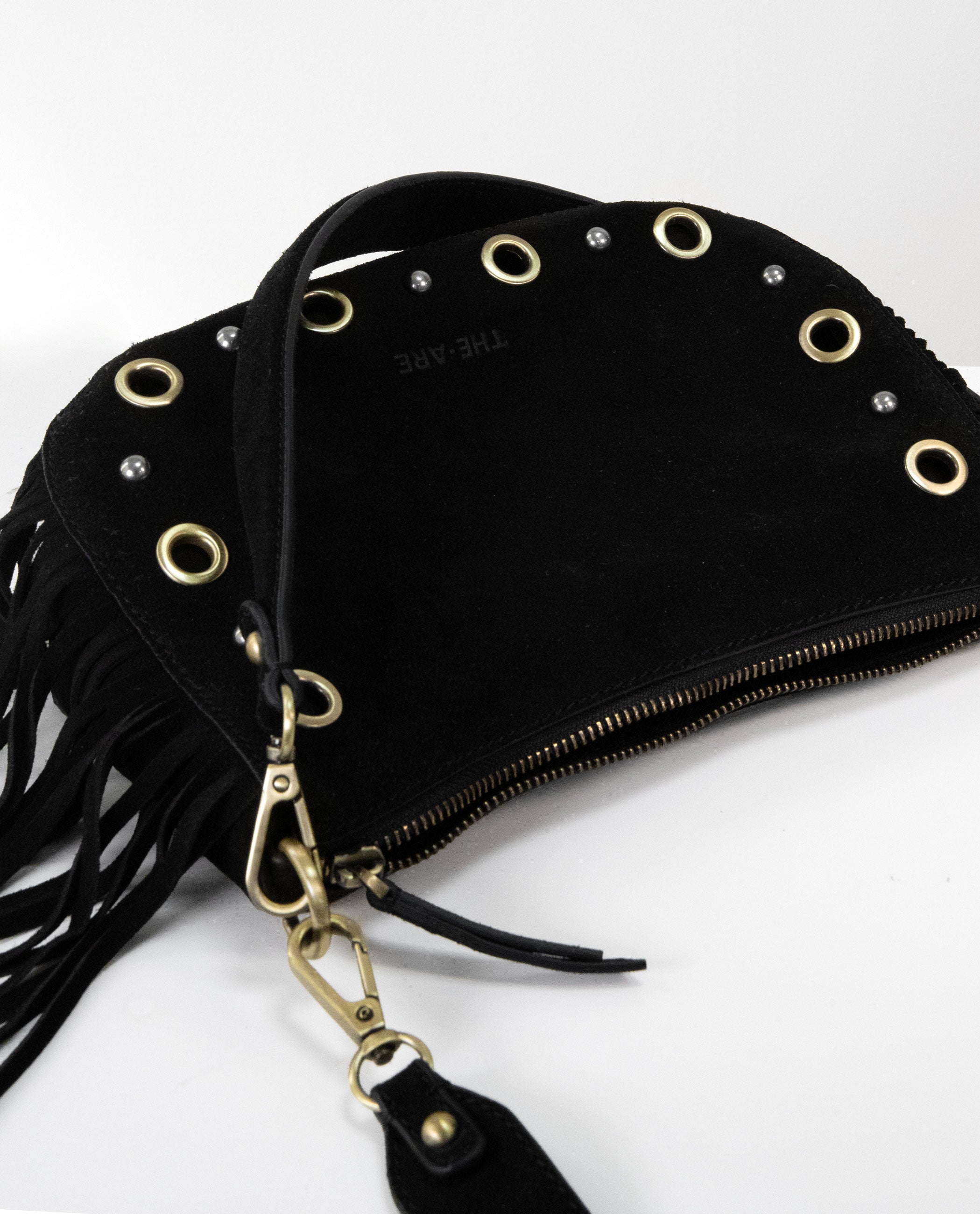 Black Suede Bag with Fringe and Studs