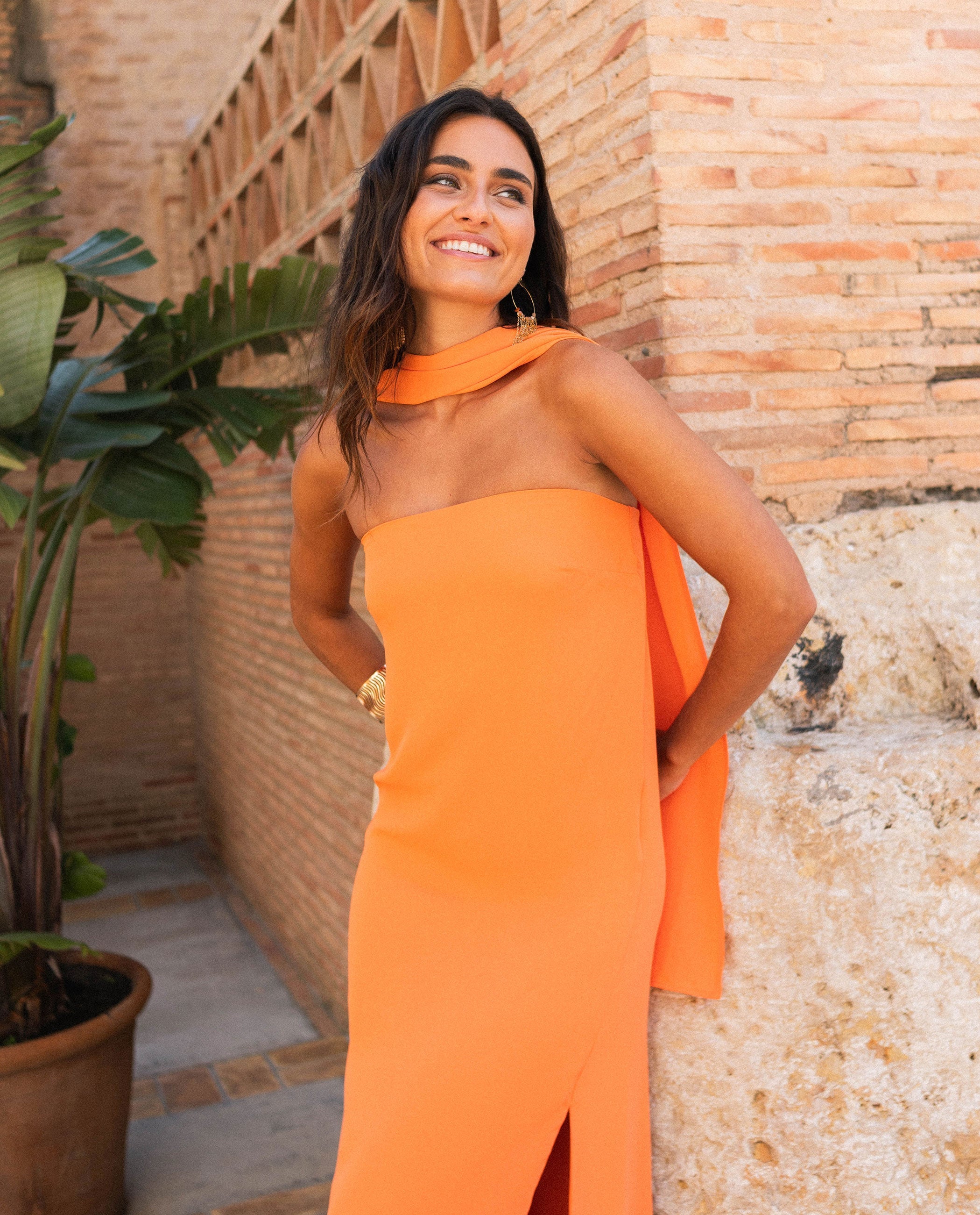 Orange Strapless Dress with Scarf
