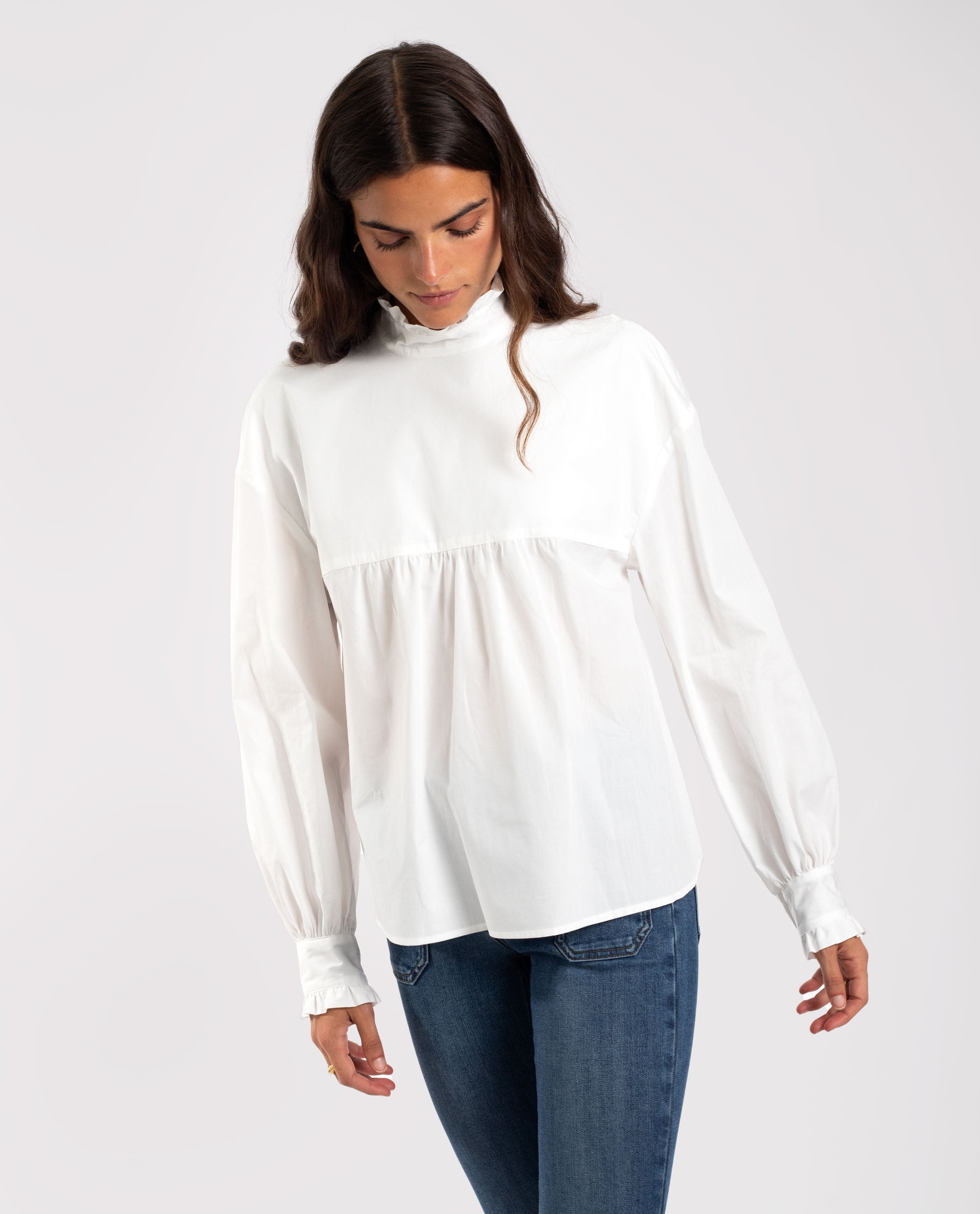 Ropa Blusas De Cuello Alto Para Mujer Blusa Blanca Manga Larga Con