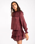 Blusa Burdeos Estampado con Manga Larga, Brillo y Nido de Abeja | THE-ARE
