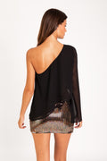 BLUSA MEET US THERE | Blusa Negra Asimétrica con Vuelo | Fiesta Mujer THE-ARE