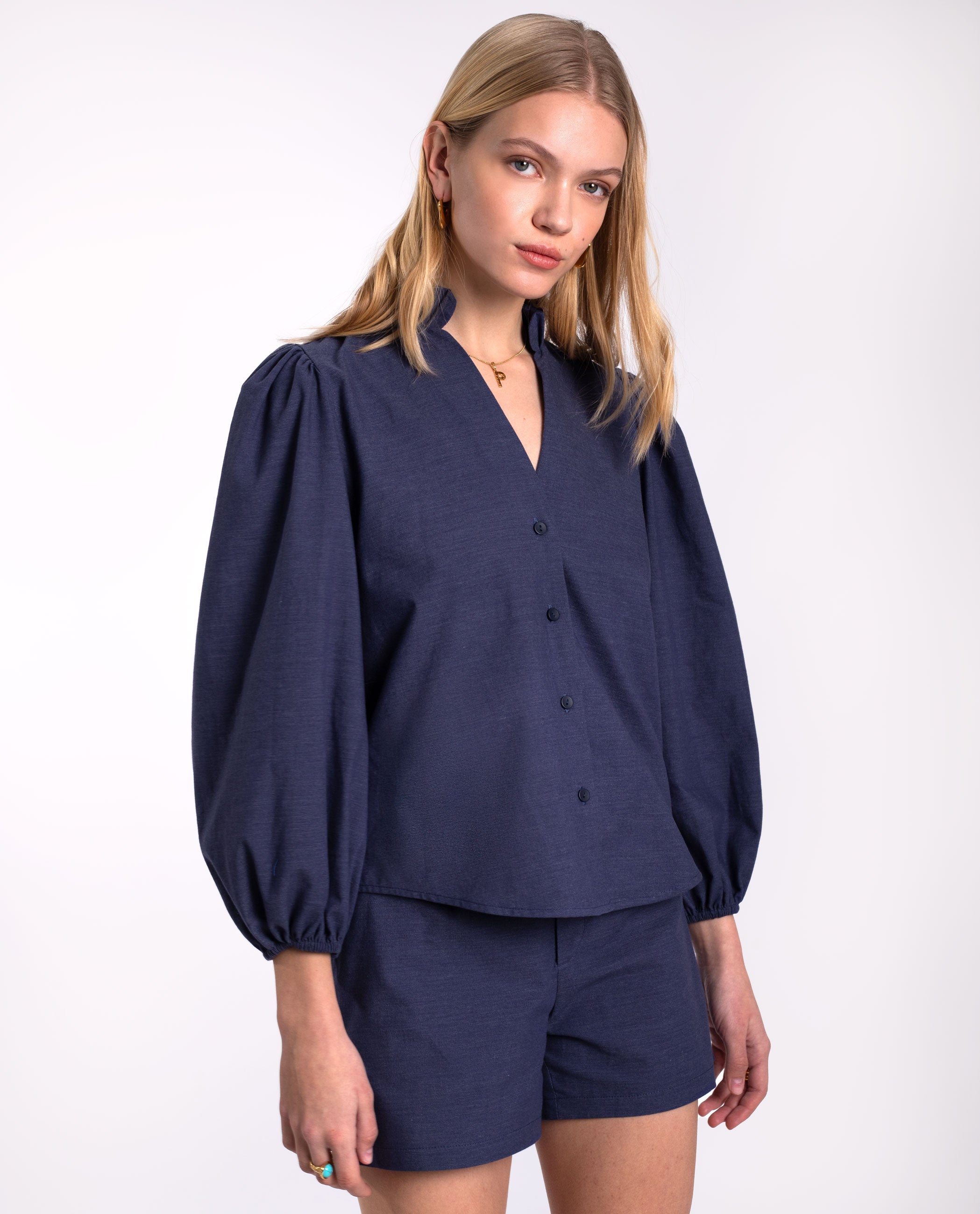 Chemise bleue Γ manches 3/4 pour femme THE-ARE