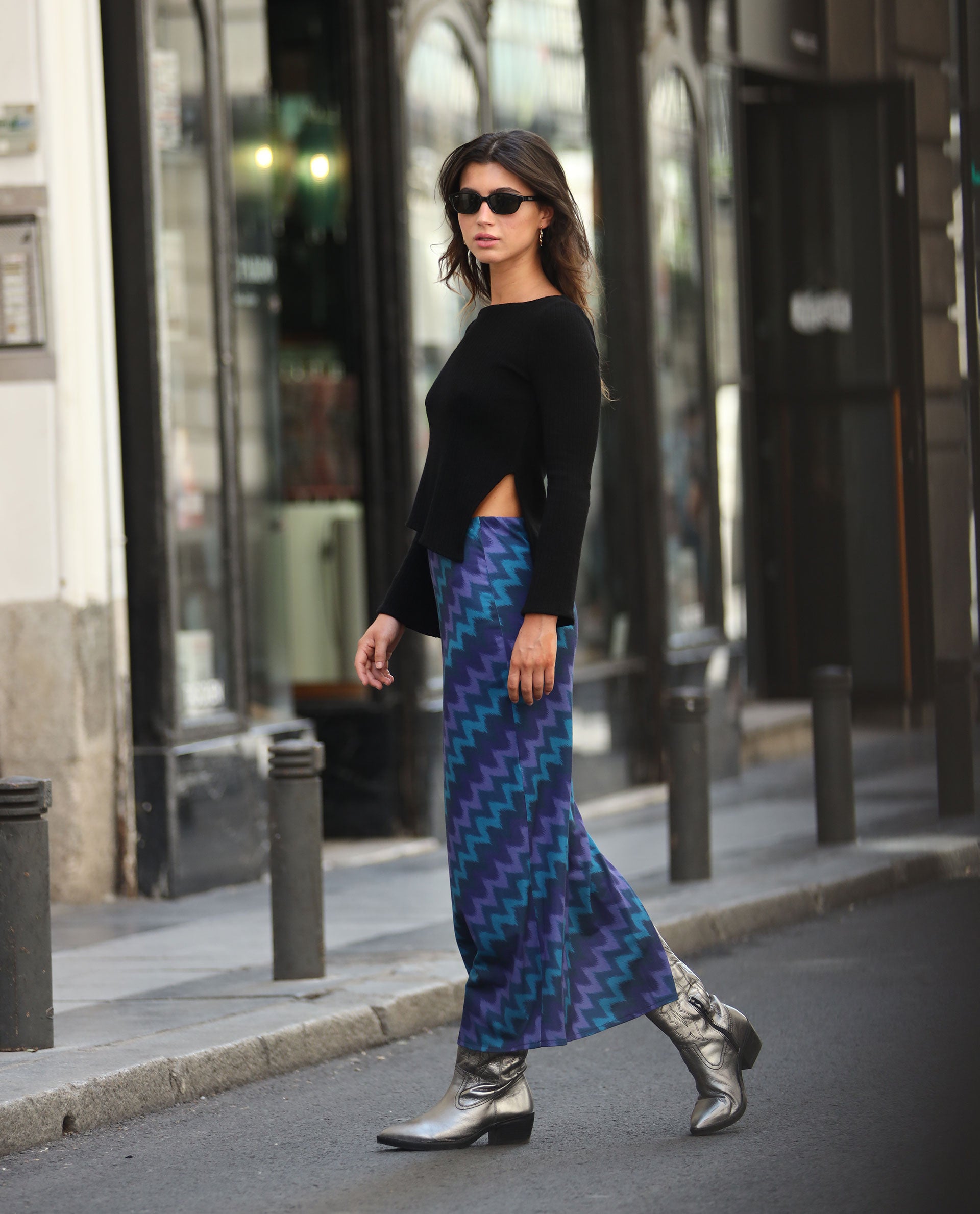 Falda Larga Azul de Punto con Estampado Colección Otoño THE-ARE