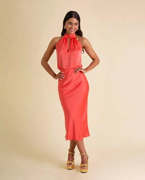 coral satin midi dress Coral Satin Halter Sleeveless Midi Dress