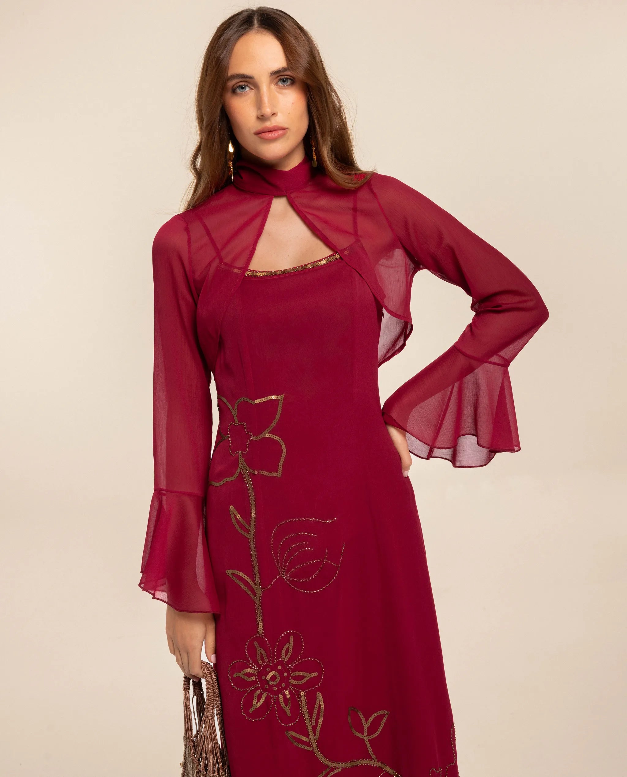 red jacket dress Chiffon sleeves for a wedding guest dress