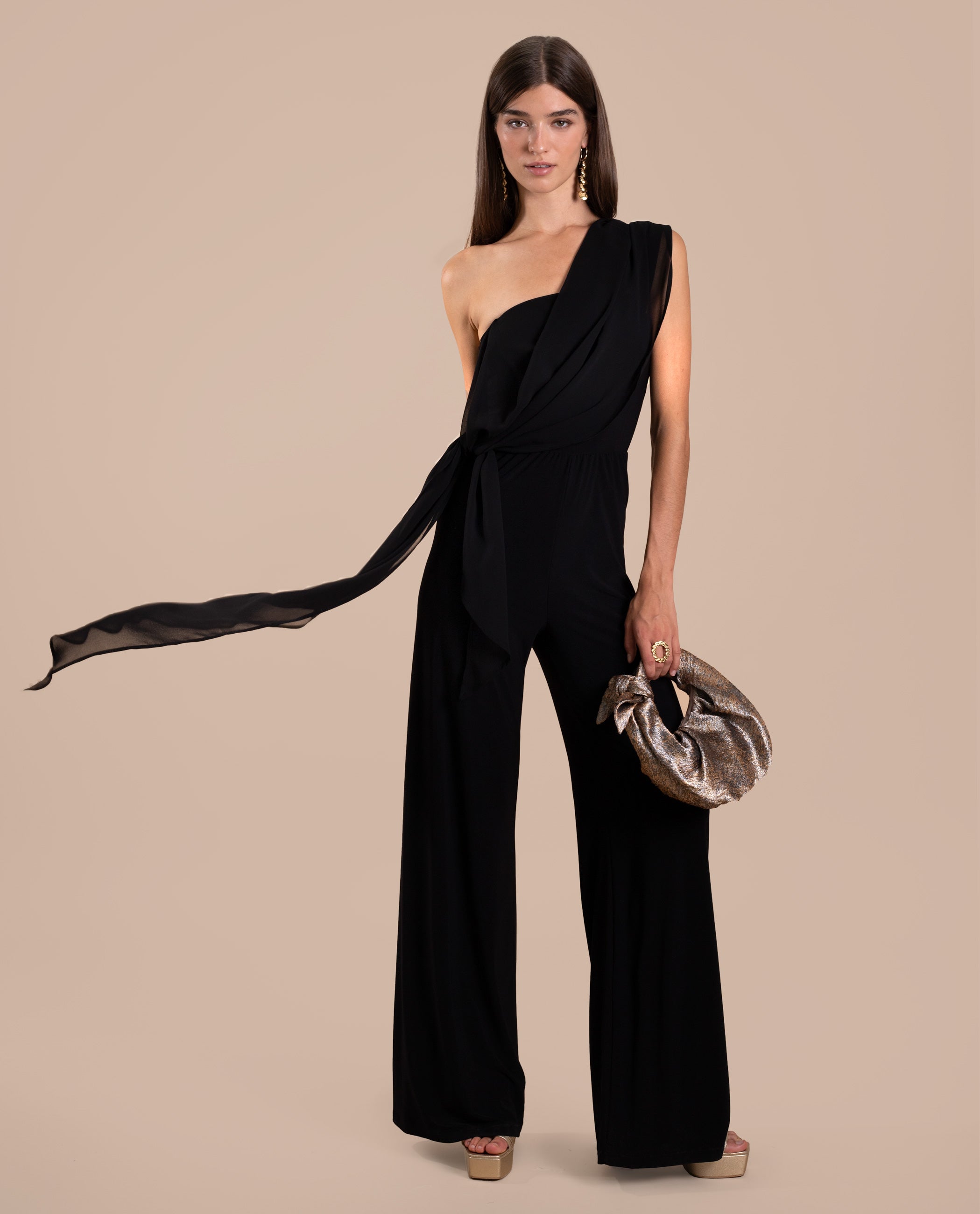 Jumpsuit Mono Negro Mujer Complementos Mono De Fiesta Negro Con Escote En Espalda Y Manga Larga Abullonada