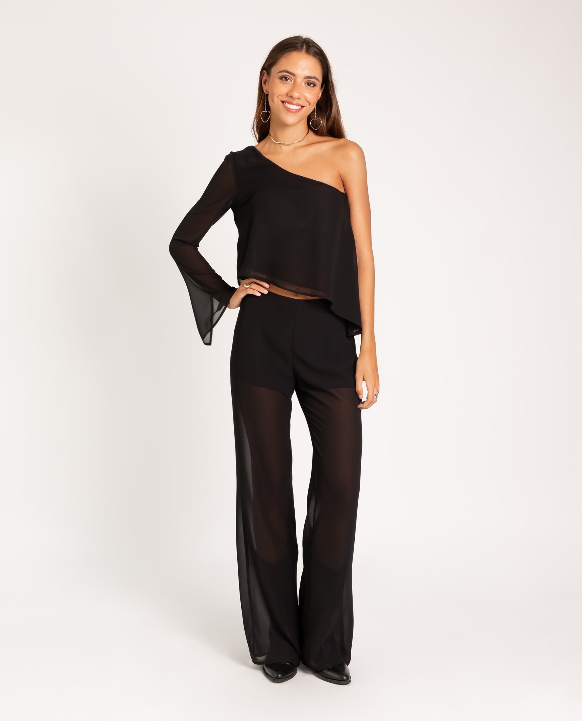 Palazzo Pantalon Transparente Negro Sheer Mesh Wide Leg Trousers