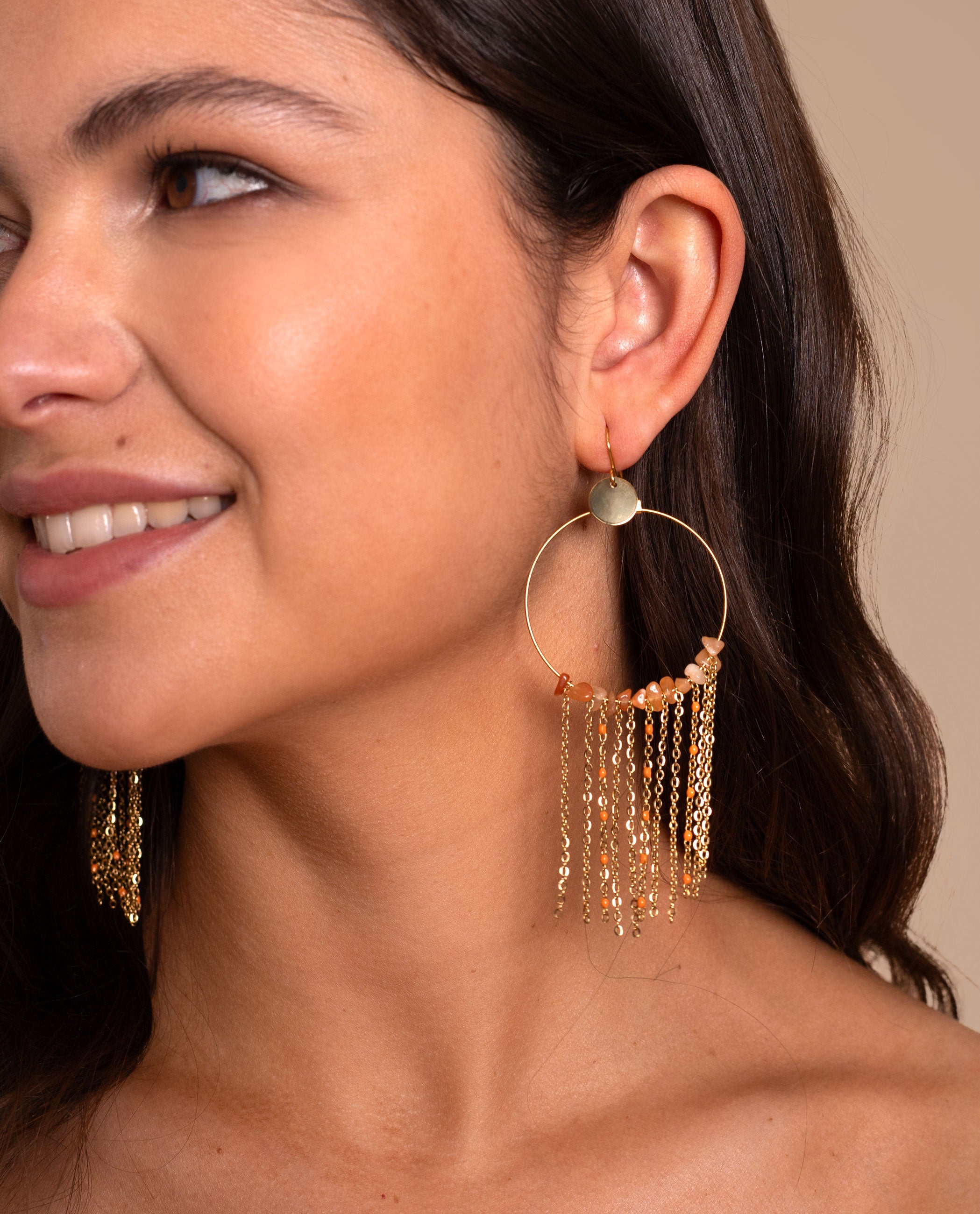 BOUCLES D'OREILLES AVENTURINE ROUGE SOLEIL - ACIER INOXYDABLE PLAQUÉ OR