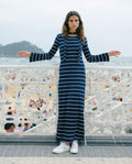 Vestido Largo de Punto con Rayas Horizontales Azul y Fular | THE-ARE