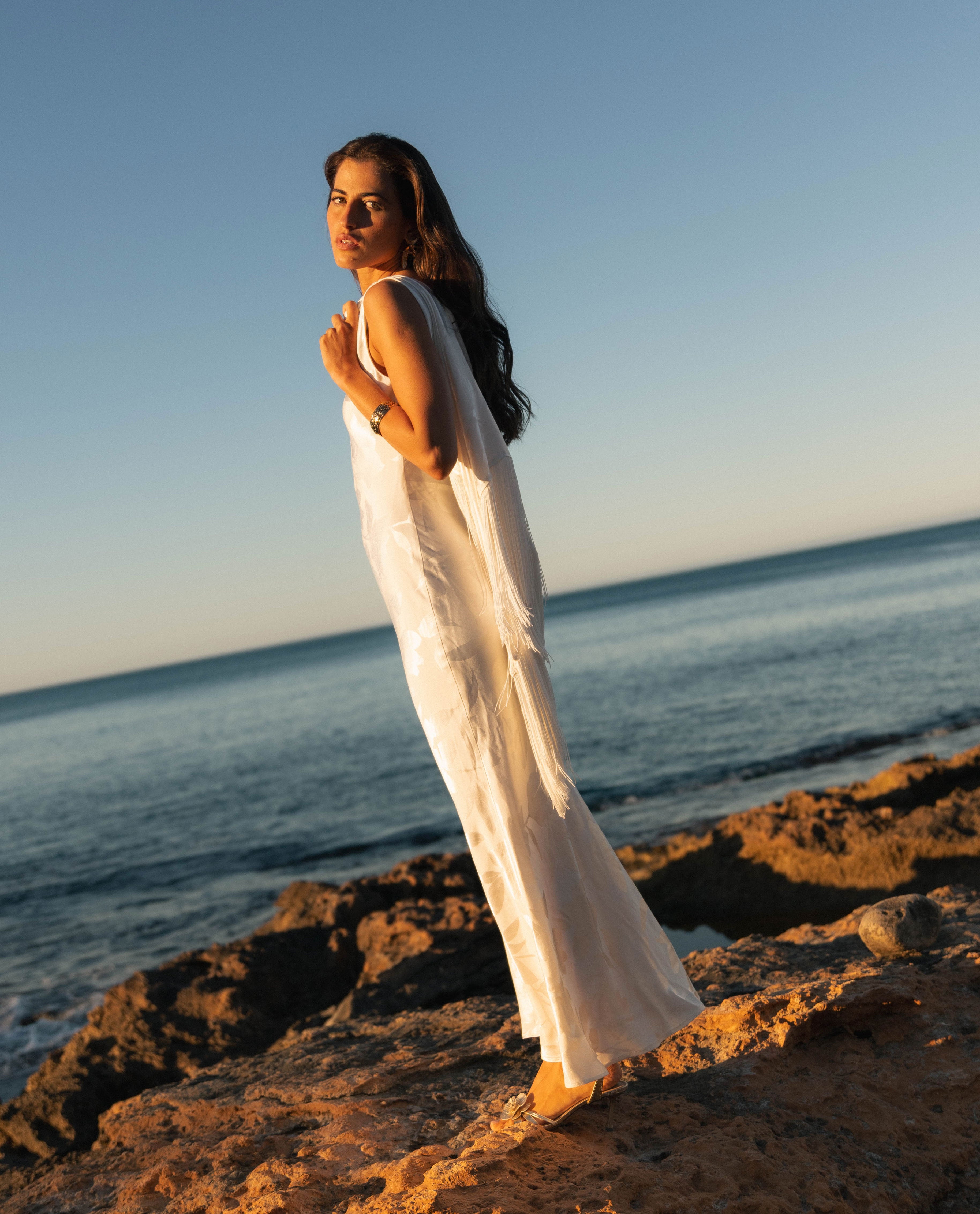 miss rosier white dress pur White Embellished Cape Gown