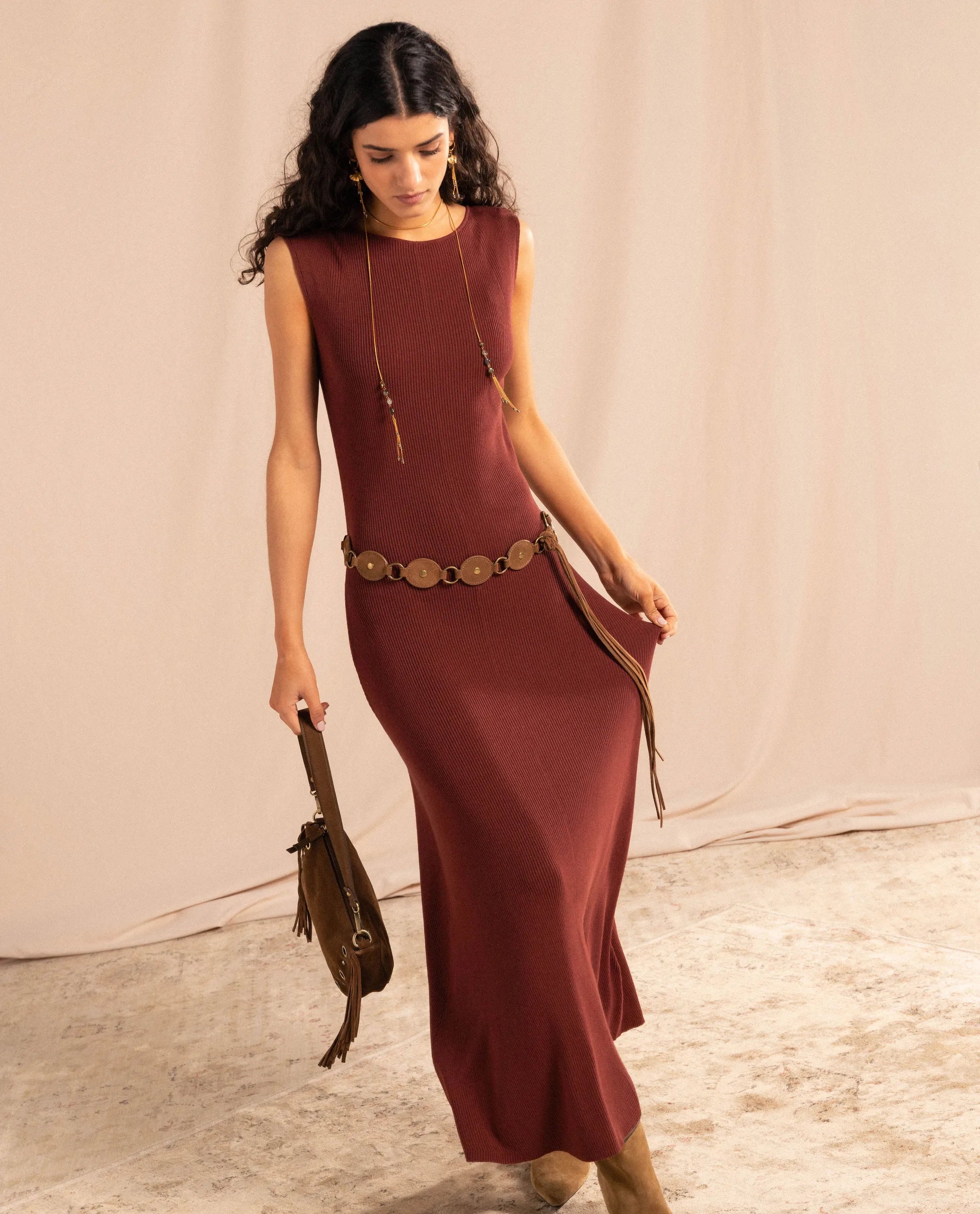 brown ribbed dress Brown Ribbed Knit Stitch Detail Midi Dress PinkBlush