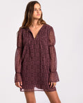 Vestido Corto Mangas Largas Marrón Estampado | THE-ARE