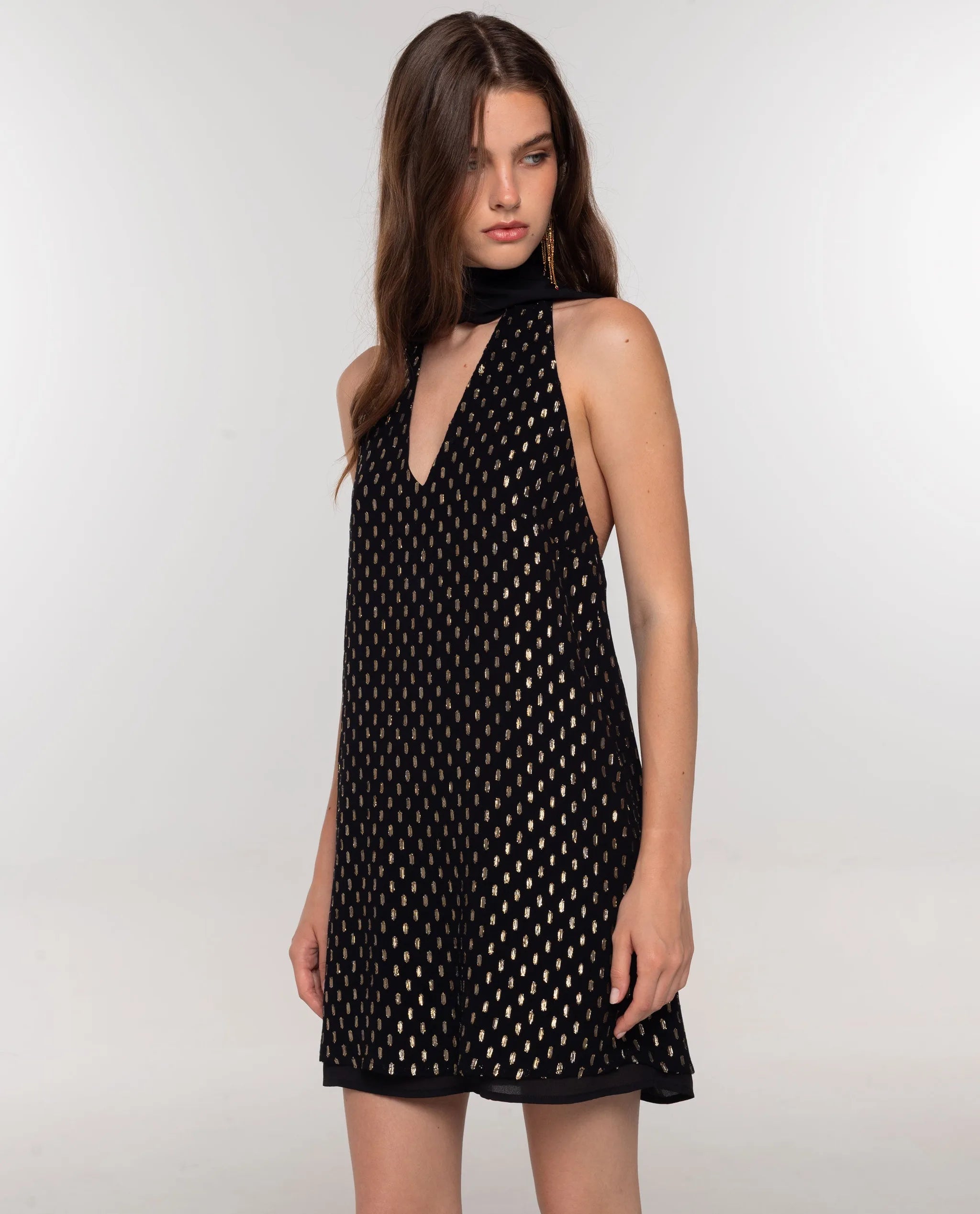black dress with gold spots Black & Gold Metallic Spot Print Wrap Dress
