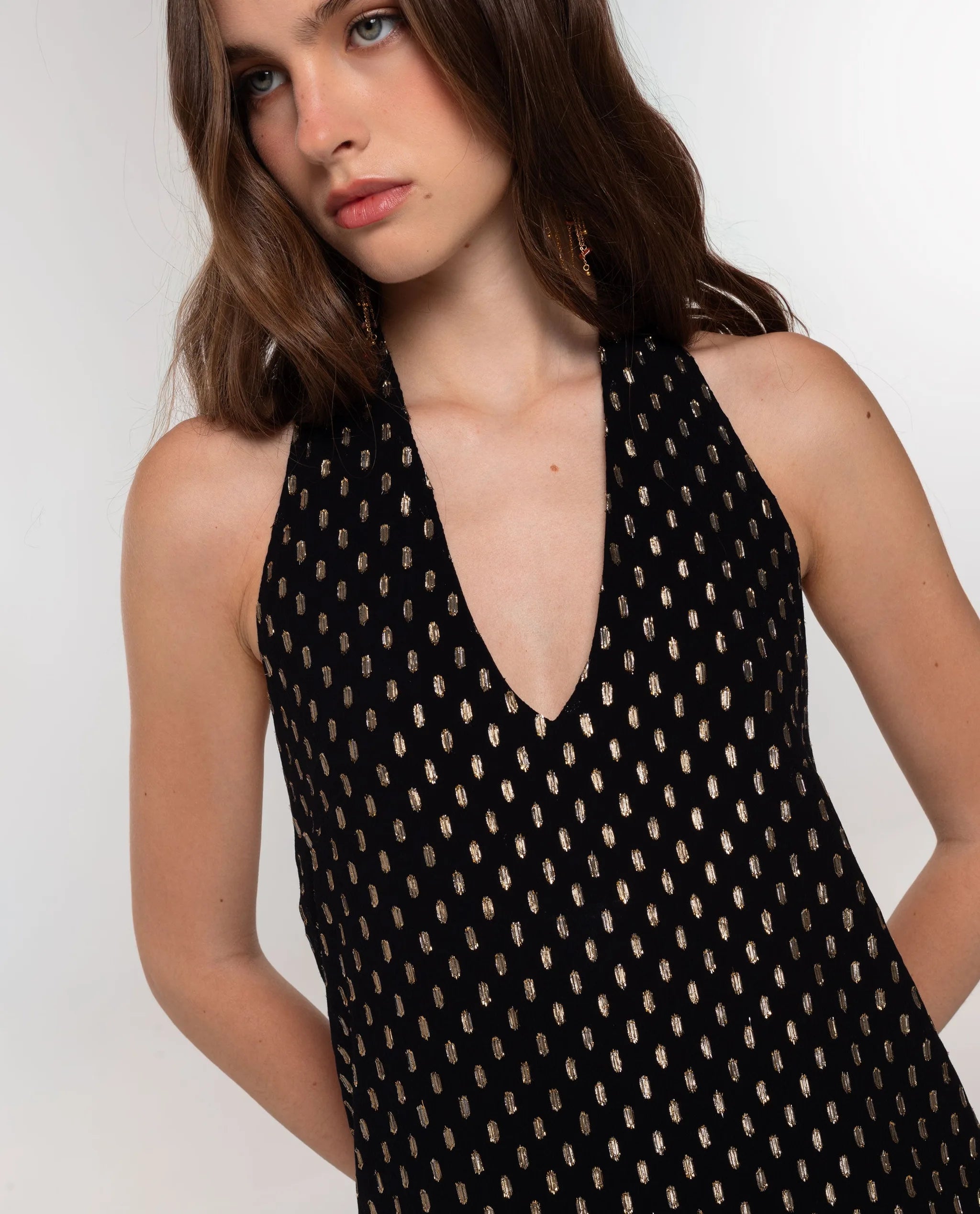 black dress with gold dots SHEIN Clasi Women's V-Neck Black Dress With Gold Polka Dots Design Fall Cloth For Women