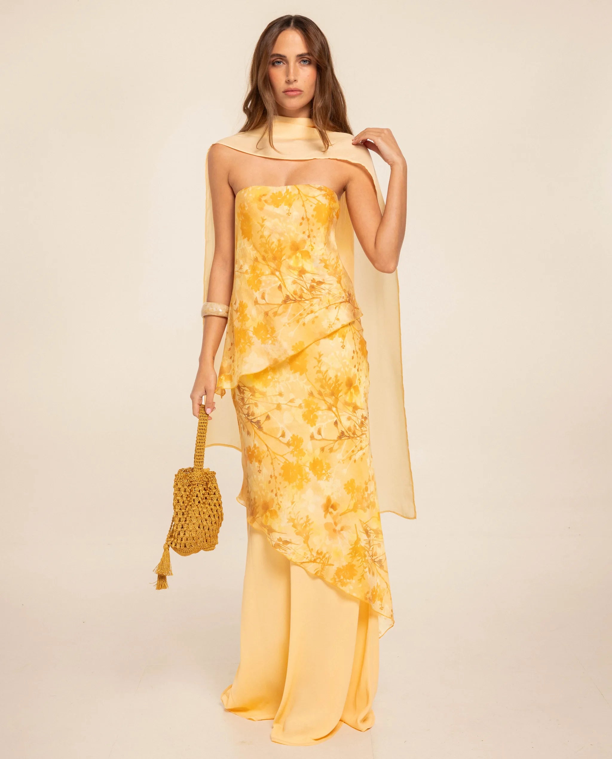 Strapless three-layer printed dress