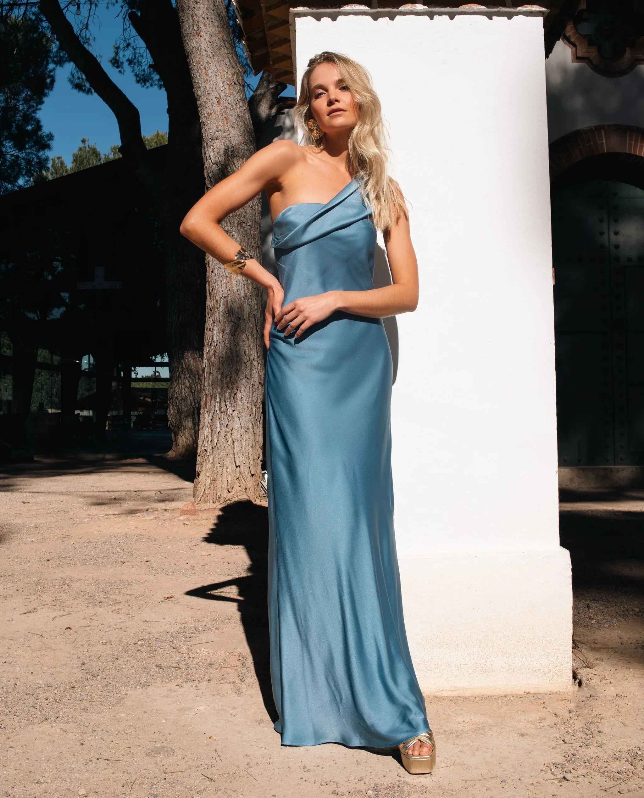 blue asymmetrical dresses Yvette Slip Maxi Dress With Asymmetrical Hem