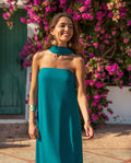 VESTIDO MRS. ARTEAGA |Vestido Largo Palabra de Honor Azul con Fular | Invitadas THVestido Largo Palabra de Honor Azul con Fular | Invitadas THE-ARE