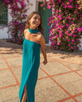 VESTIDO MRS. ARTEAGA |Vestido Largo Palabra de Honor Azul con Fular | Invitadas THVestido Largo Palabra de Honor Azul con Fular | Invitadas THE-ARE