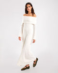 Vestido Blanco Largo de Punto Canalé con Hombros Descubiertos | THE-ARE