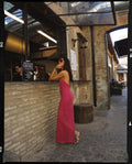 Vestido Largo de Punto Calado Fucsia Halter | THE-ARE