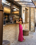 Vestido Largo de Punto Calado Fucsia Halter | THE-ARE