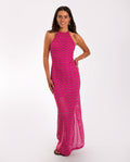 Vestido Largo de Punto Calado Fucsia Halter | THE-ARE