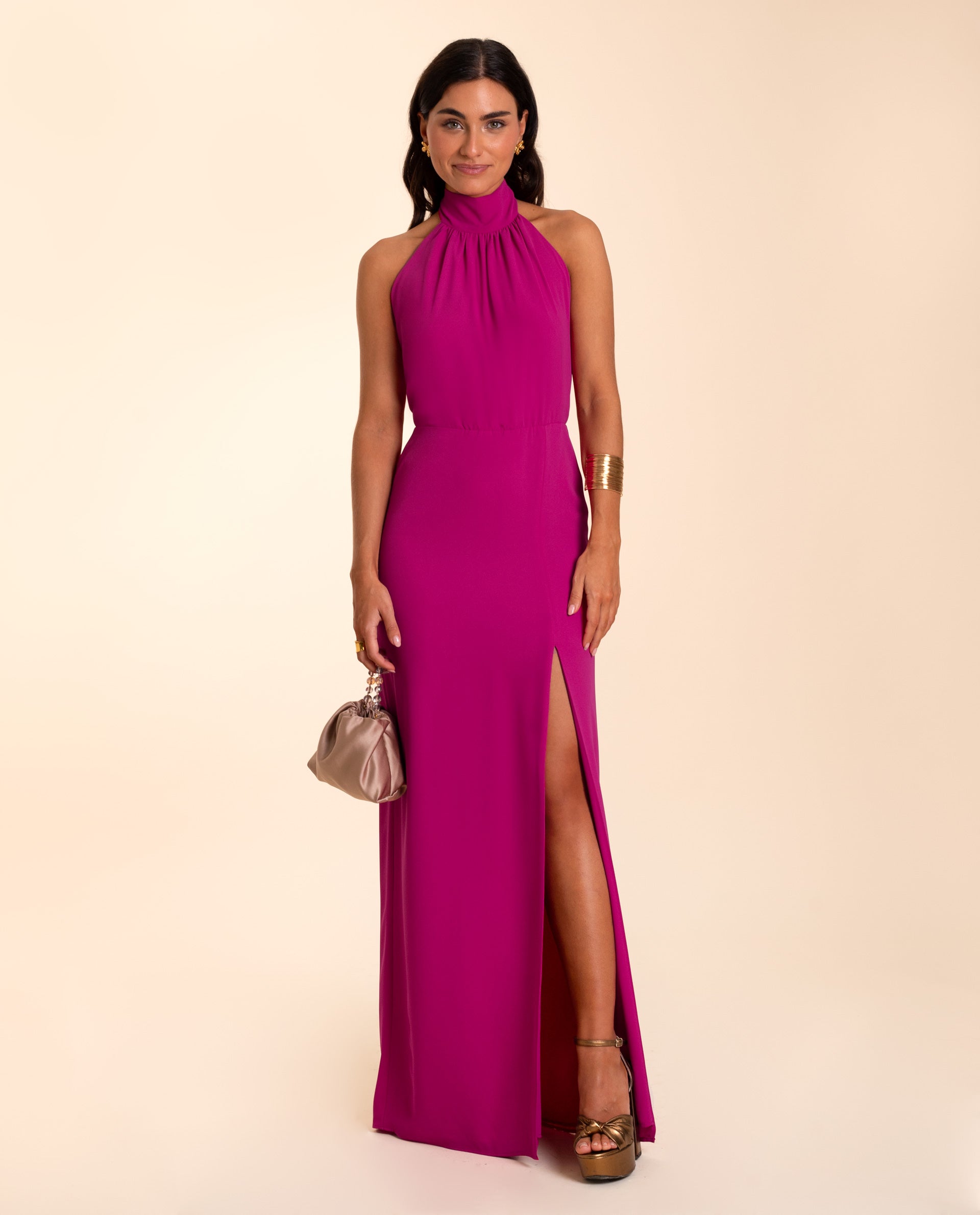 fuchsia wedding guest dress Elegant Fuchsia Maxi Dress with Open Back