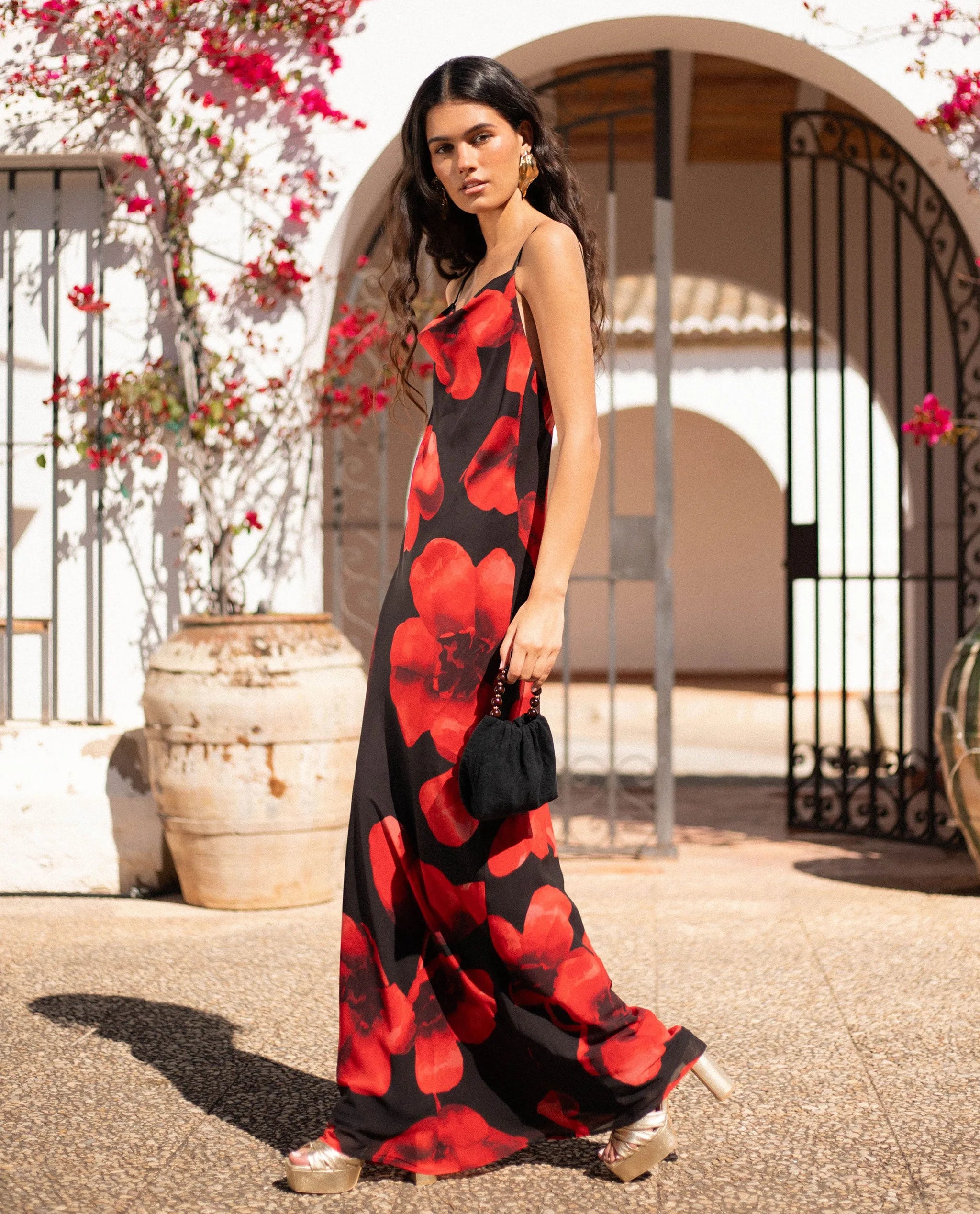 red floral print dress Red Floral Maxi Dress: Boho Sleeveless Rayon Sundress