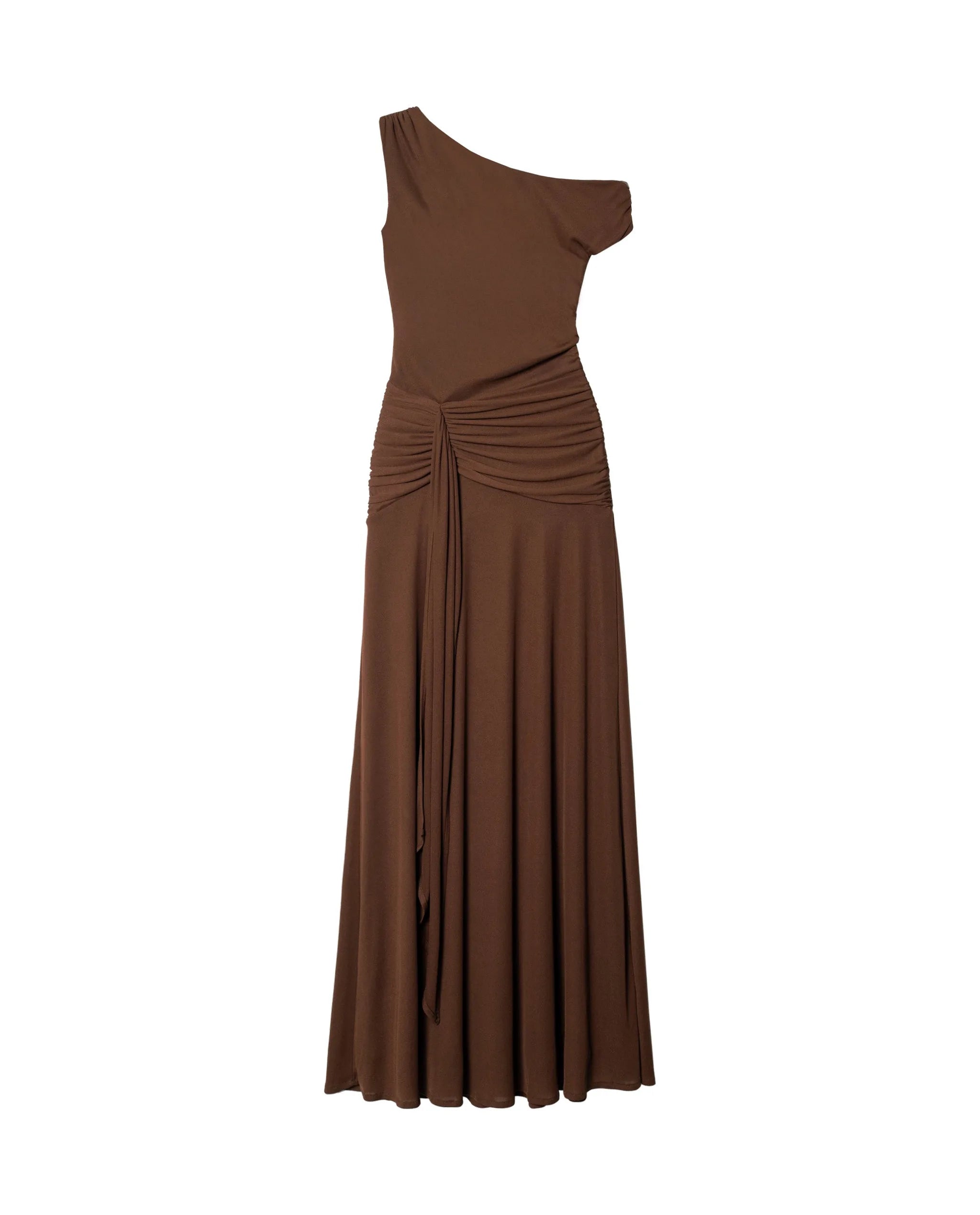 Long asymmetrical knit dress with brown sash | THE-ARE Guest Long asymmetrical knit dress with brown sash | THE-ARE Guest