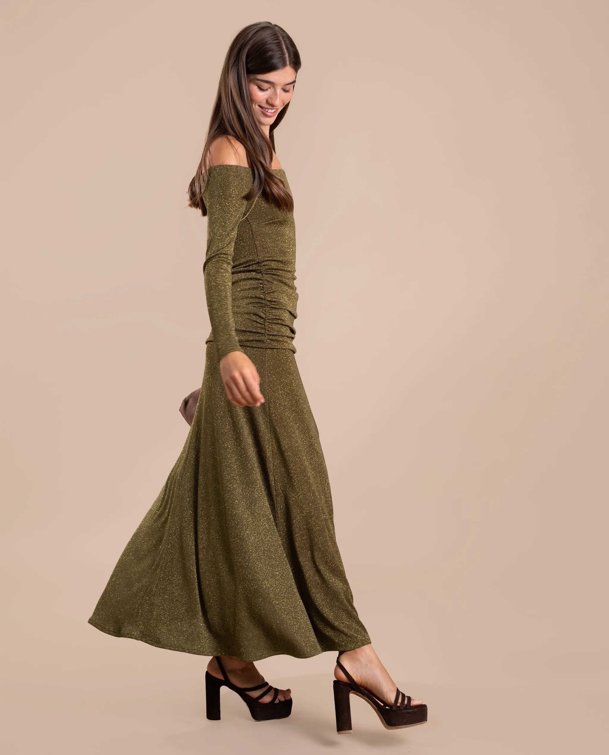 terra bardot midi dress in cityscape green Terra Bardot Midi Dress in Cityscape Green