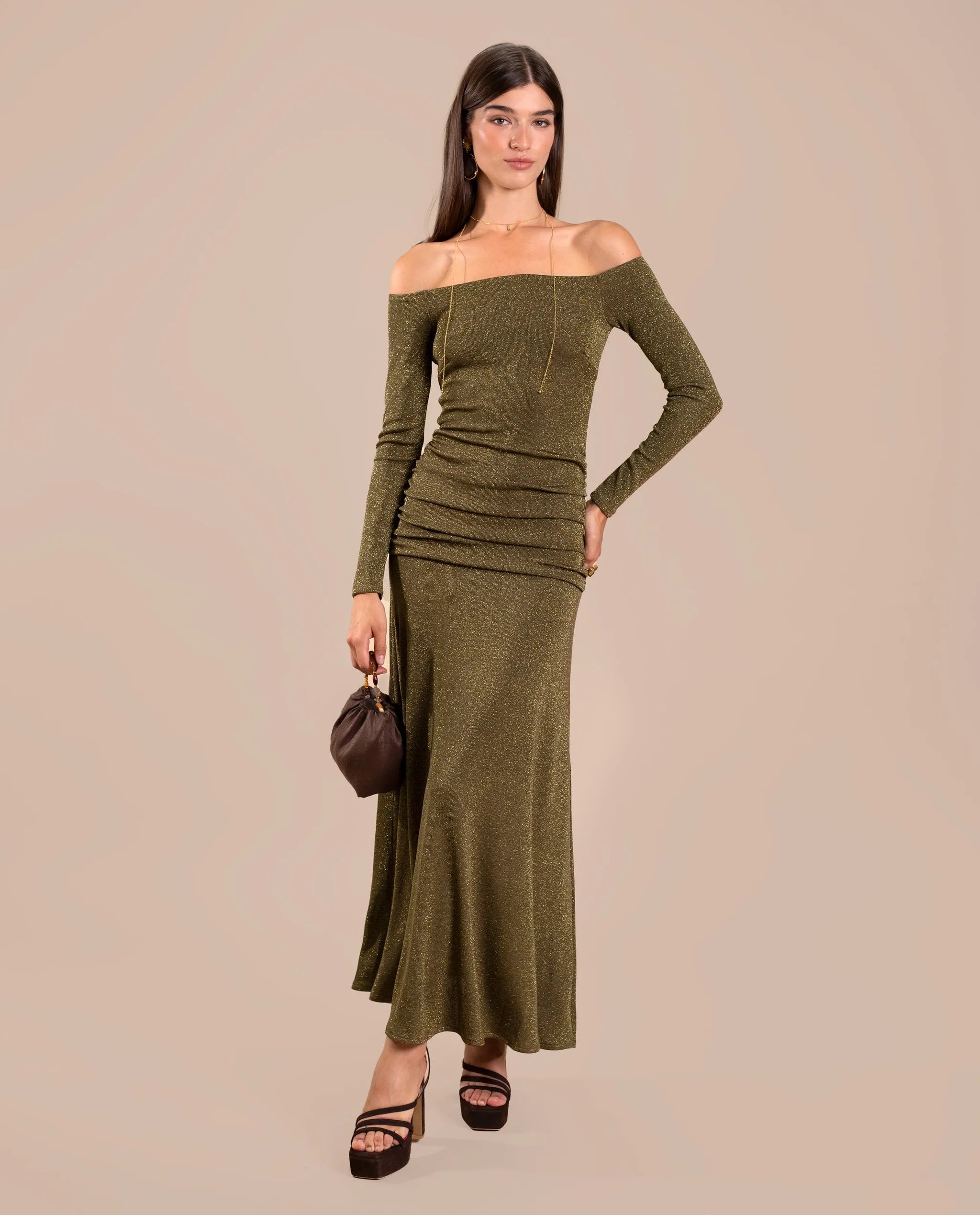Green Long Sleeve Bardot Neck Midi Dress | THE-ARE Guests Green Long Sleeve Bardot Neck Midi Dress | THE-ARE Guests