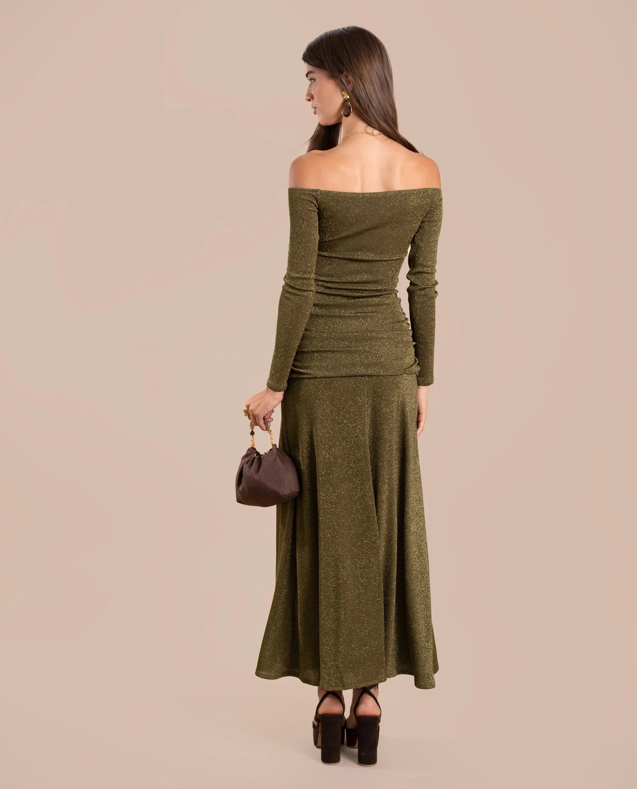 olive green bardot dress Women's Olive Mesh Bardot Ruched Detail Maxi Dress