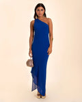 VESTIDO ALHAMBRA | Vestido Midi Azul Asimétrico con Fular | Invitadas THE-ARE