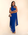 VESTIDO ALHAMBRA | Vestido Midi Azul Asimétrico con Fular | Invitadas THE-ARE