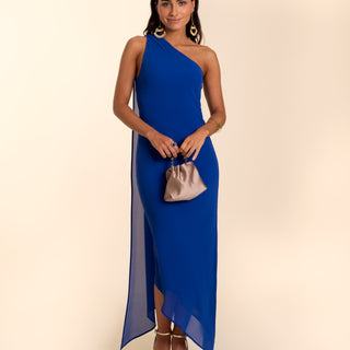 VESTIDO ALHAMBRA | Vestido Midi Azul Asimétrico con Fular | Invitadas THE-ARE
