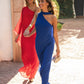 VESTIDO ALHAMBRA | Vestido Midi Azul Asimétrico con Fular | Invitadas THE-ARE