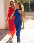 VESTIDO ALHAMBRA | Vestido Midi Azul Asimétrico con Fular | Invitadas THE-ARE